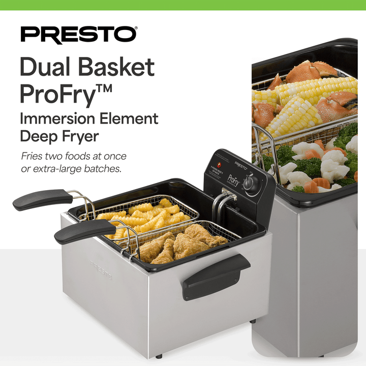 Presto ProFry Dual Basket Deep Fryer, 1800W Immersion Element, Stainless Steel