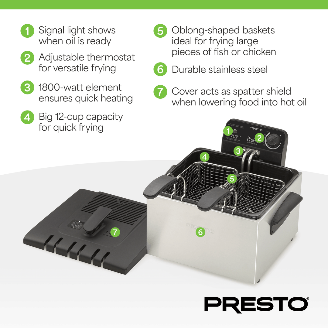 Presto ProFry Dual Basket Deep Fryer, 1800W Immersion Element, Stainless Steel