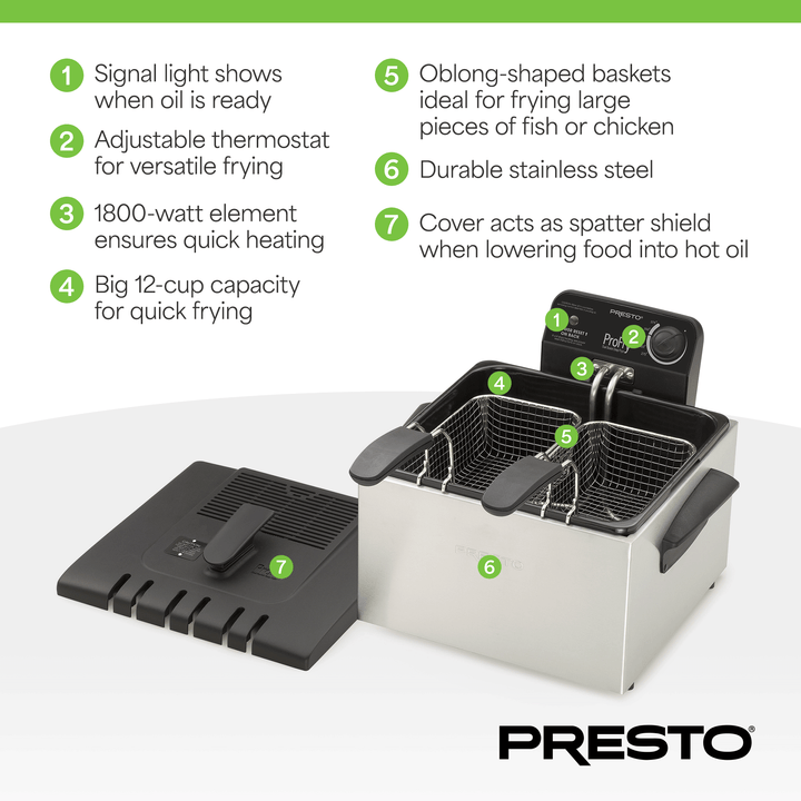Presto ProFry Dual Basket Deep Fryer, 1800W Immersion Element, Stainless Steel