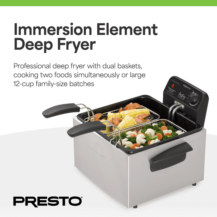 Presto ProFry Dual Basket Deep Fryer, 1800W Immersion Element, Stainless Steel
