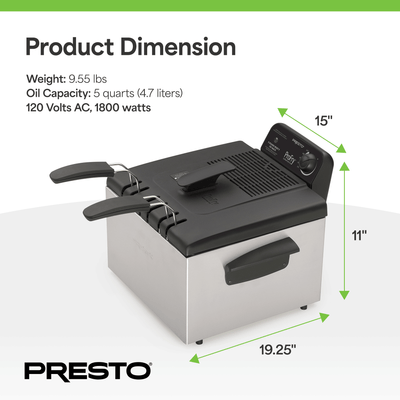 Presto ProFry Dual Basket Deep Fryer, 1800W Immersion Element, Stainless Steel - VMInnovations