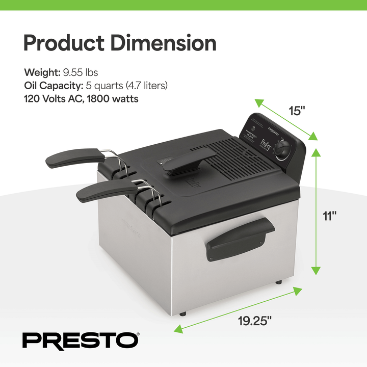 Presto ProFry Dual Basket Deep Fryer, 1800W Immersion Element, Stainless Steel