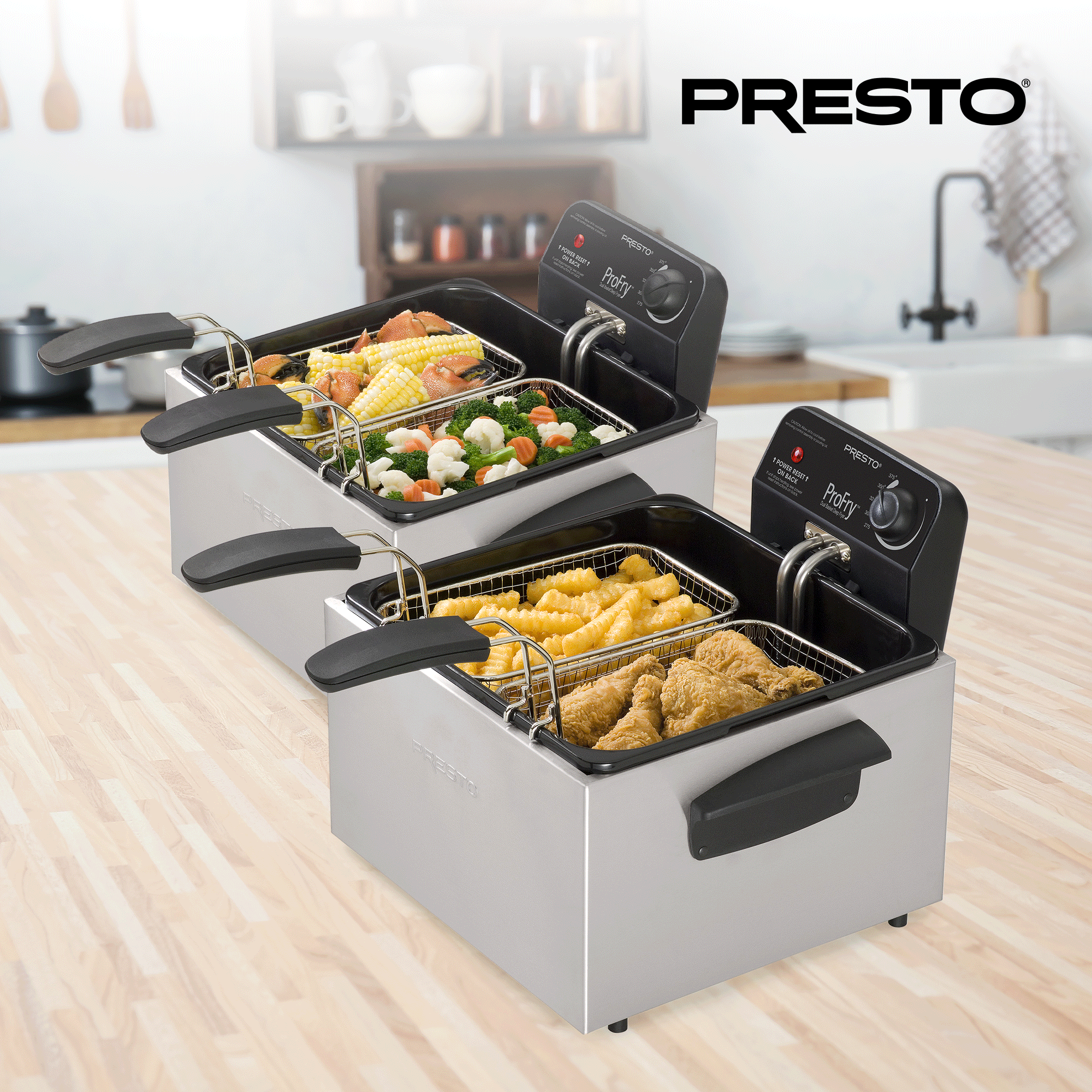 Presto ProFry Dual Basket Deep Fryer, 1800W Immersion Element, Stainless Steel