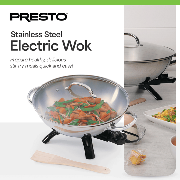 Presto 1500 Watt Stainless Steel Electric Wok with Glass Lid and Wooden Spatula