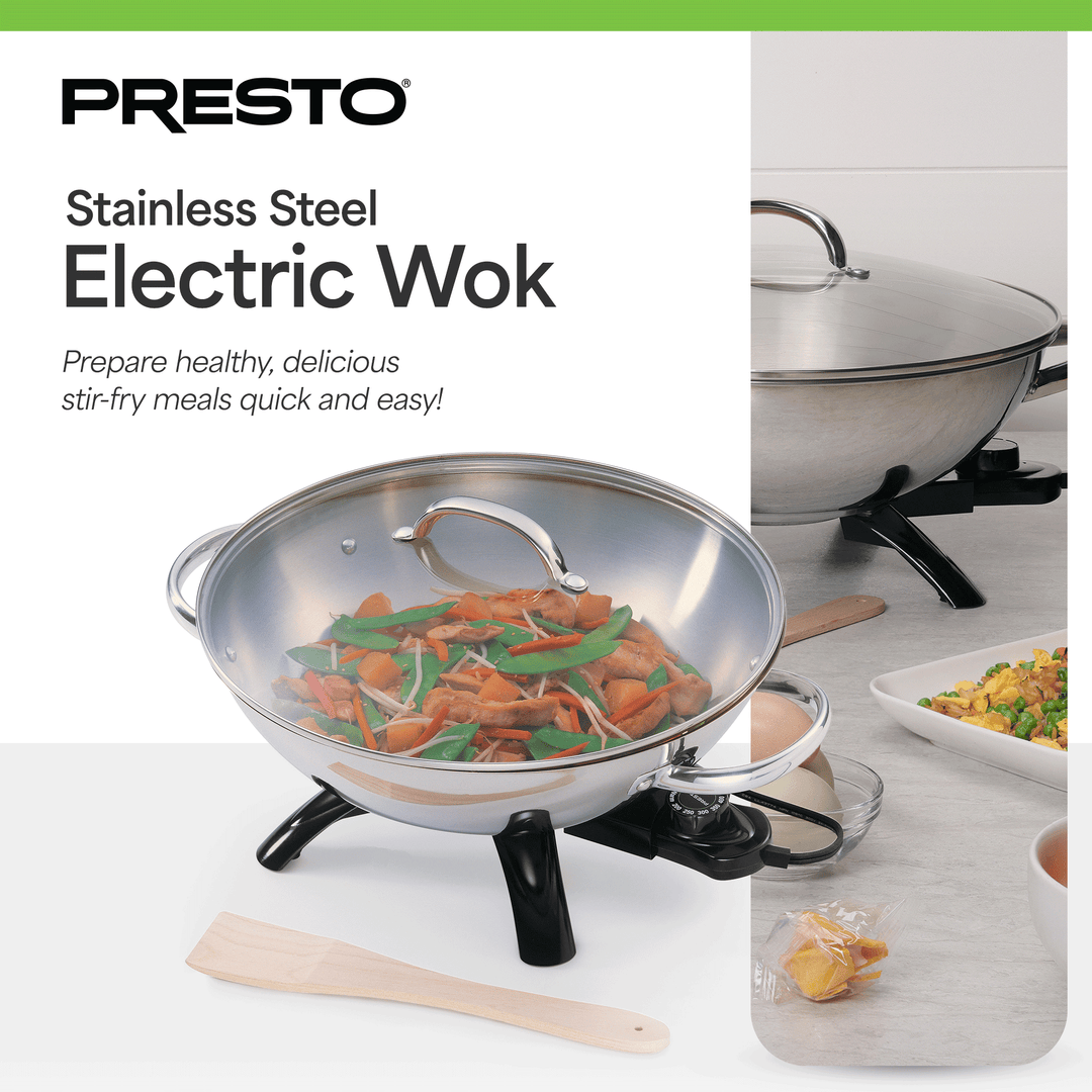 Presto 1500 Watt Stainless Steel Electric Wok with Glass Lid and Wooden Spatula - VMInnovations