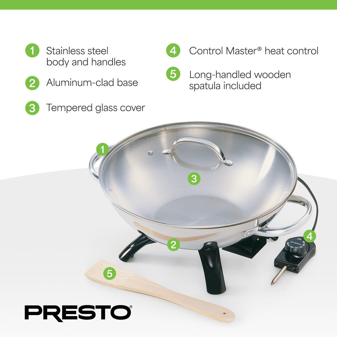 Presto 1500 Watt Stainless Steel Electric Wok with Glass Lid and Wooden Spatula
