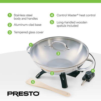 Presto 1500 Watt Stainless Steel Electric Wok w/Glass Lid & Spatula (Open Box) - VMInnovations