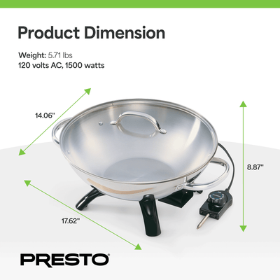 Presto 1500 Watt Stainless Steel Electric Wok w/Glass Lid & Spatula (Open Box) - VMInnovations