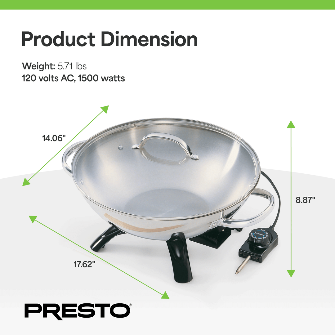 Presto 1500 Watt Stainless Steel Electric Wok w/Glass Lid & Spatula (Open Box)