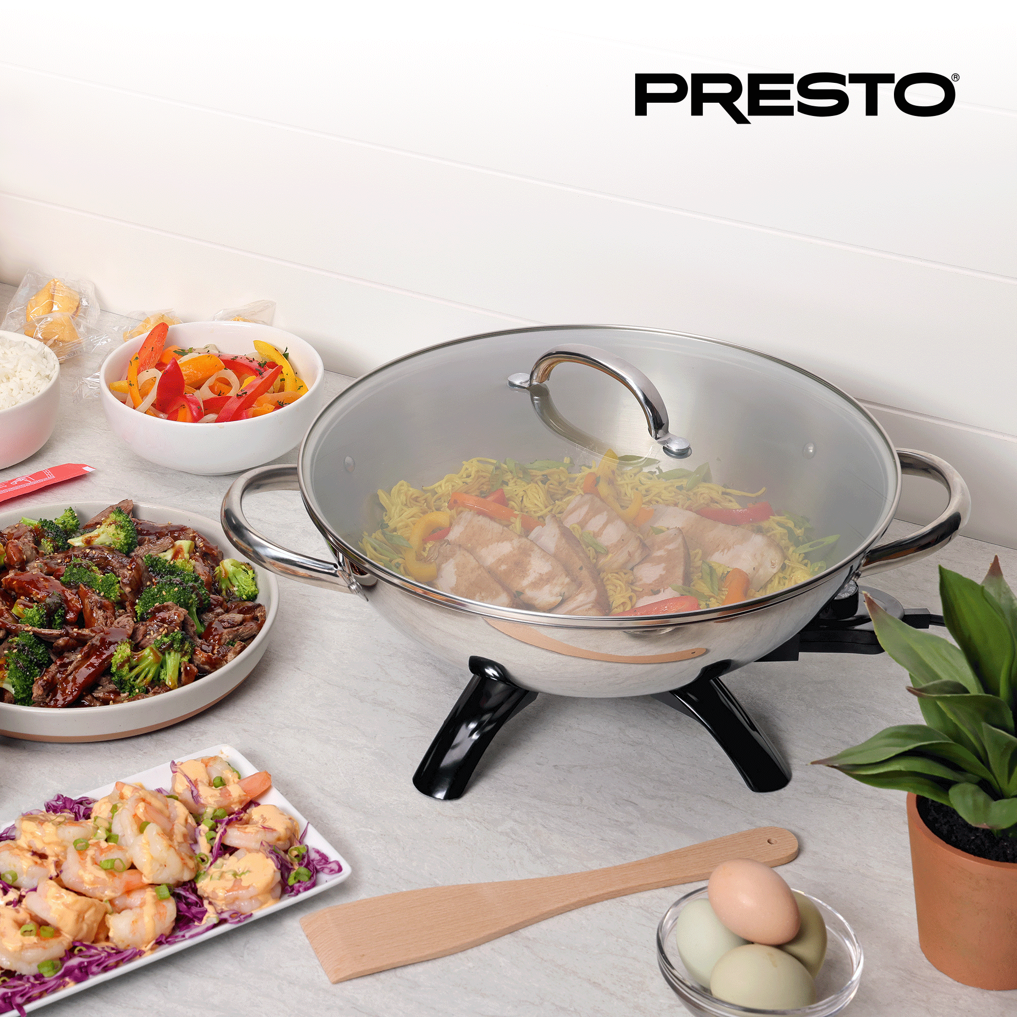 Presto 1500 Watt Stainless Steel Electric Wok w/Glass Lid & Spatula (Open Box) - VMInnovations