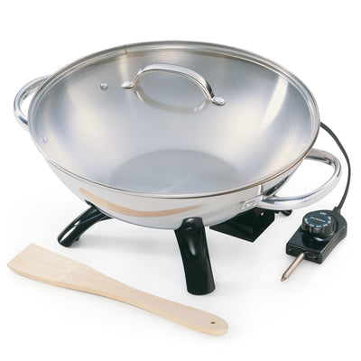 Presto 1500 Watt Stainless Steel Electric Wok with Glass Lid and Wooden Spatula - VMInnovations