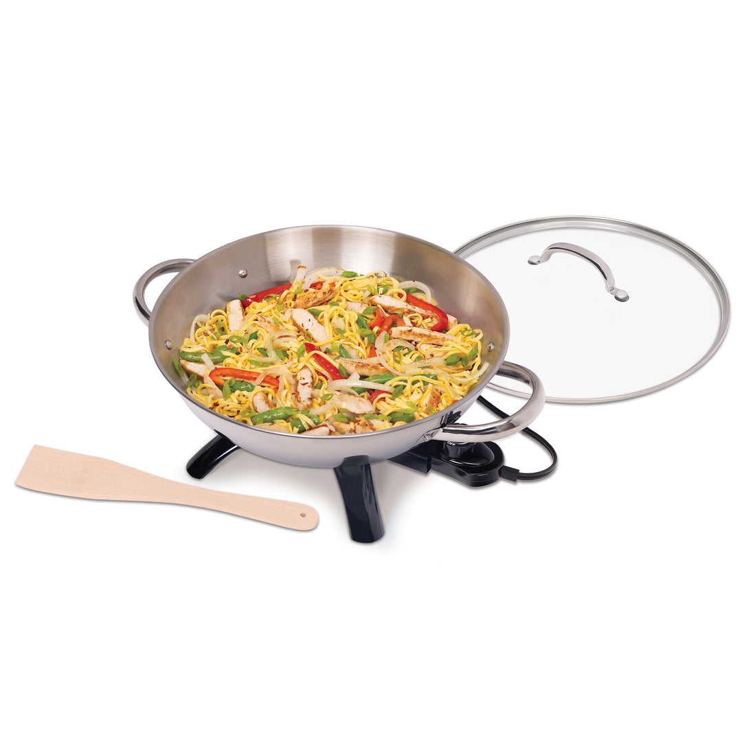 Presto 1500 Watt Stainless Steel Electric Wok with Glass Lid and Wooden Spatula