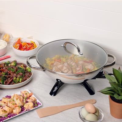 Presto 1500 Watt Stainless Steel Electric Wok w/Glass Lid & Spatula (Open Box) - VMInnovations