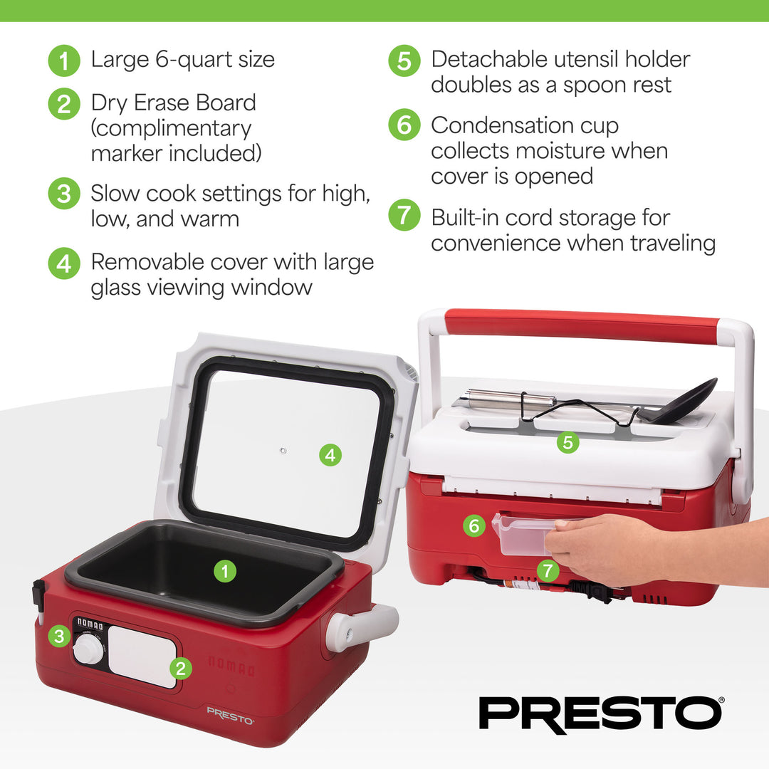 Presto 06011 6 Qt Nomad Portable Electric Slow Cooker with Locking Lid(Open Box)