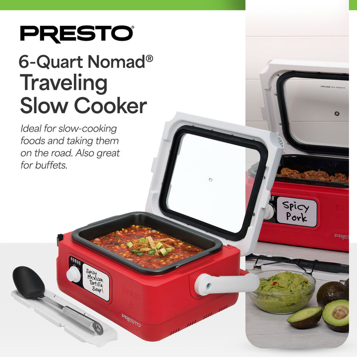 Presto 06011 6 Quart Nomad Portable Electric Slow Cooker with Locking Lid, Red