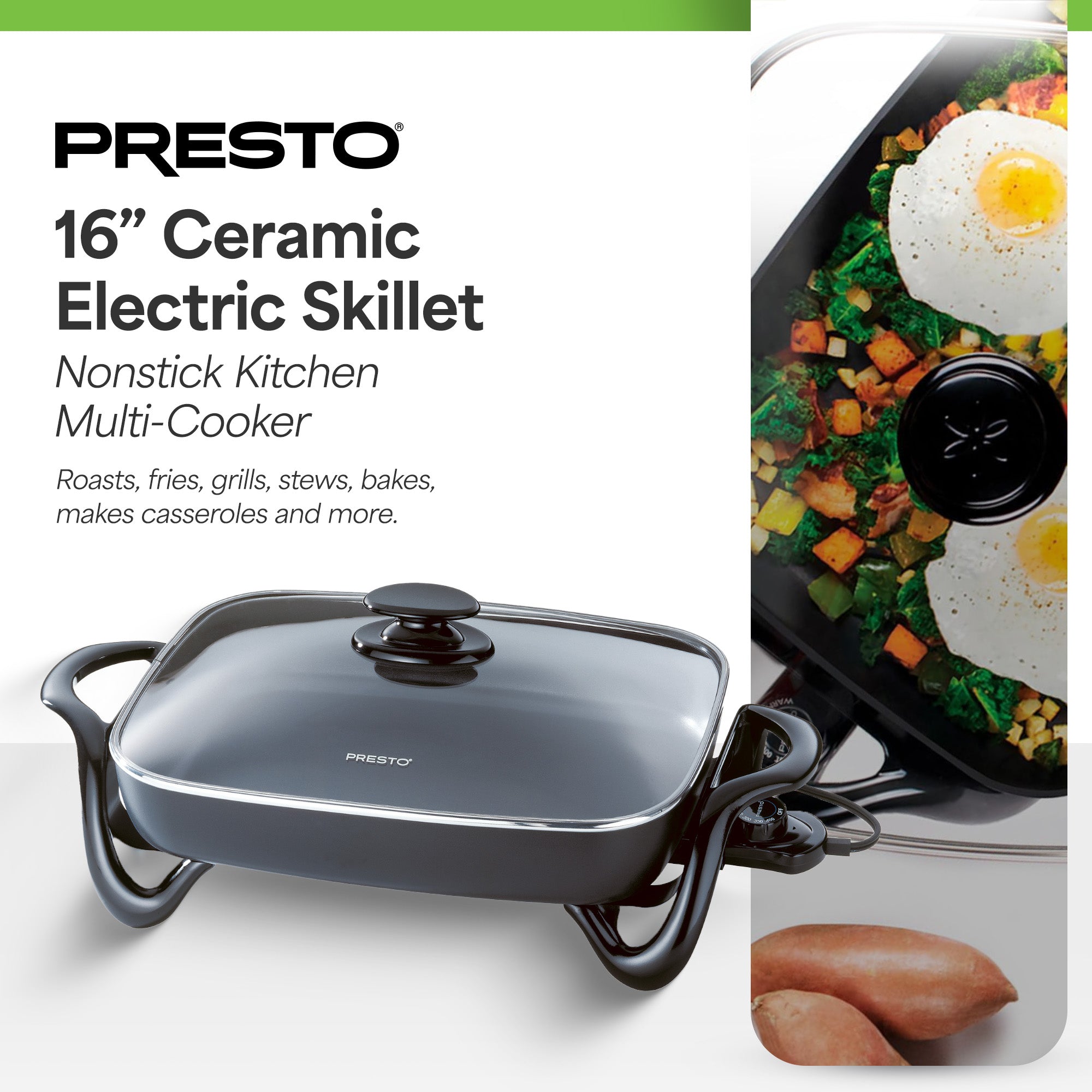 Presto Electric Skillet w/Glass Lid, Nonstick Multi-Cooker, 16", Black(Open Box)