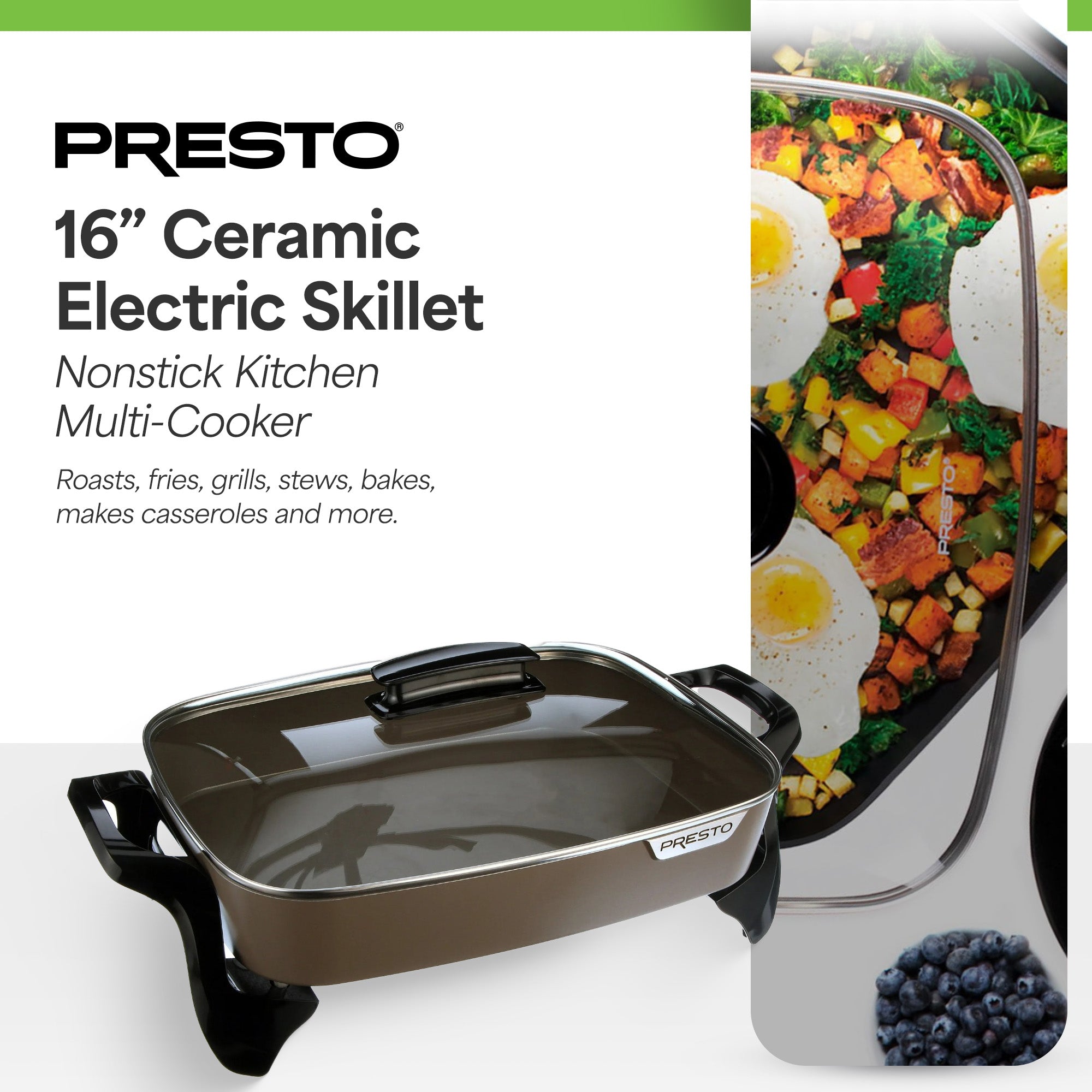 Presto Electric Skillet w/Glass Lid, Nonstick Multi-Cooker, 16", Gray (Open Box)