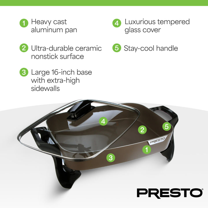 Presto Electric Skillet w/Glass Lid, Nonstick Multi-Cooker, 16", Gray (Open Box)