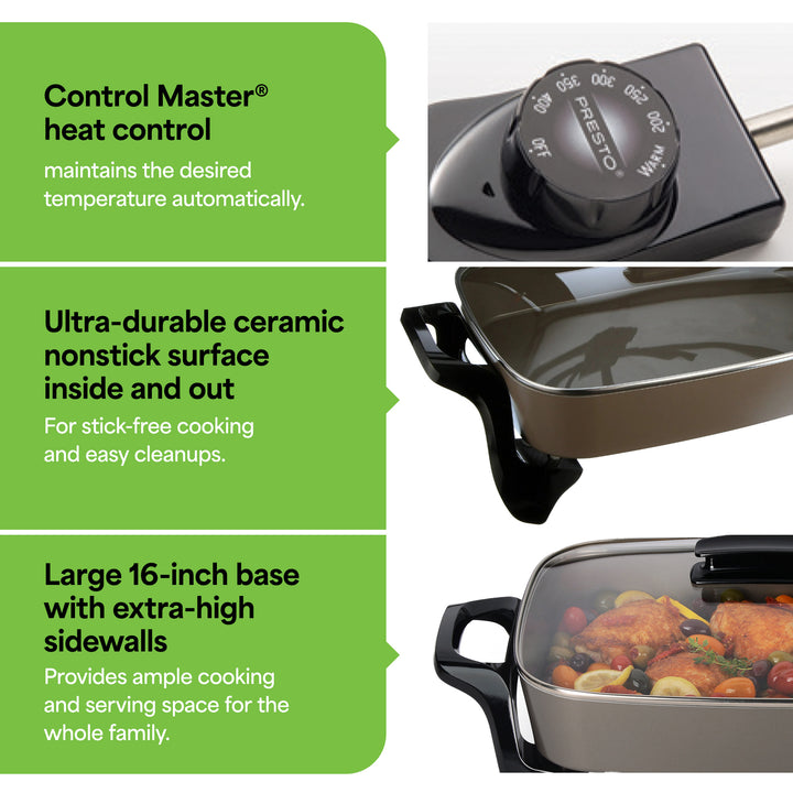 Presto Electric Skillet with Glass Lid, Nonstick Multi-Cooker, 16 Inch, Gray