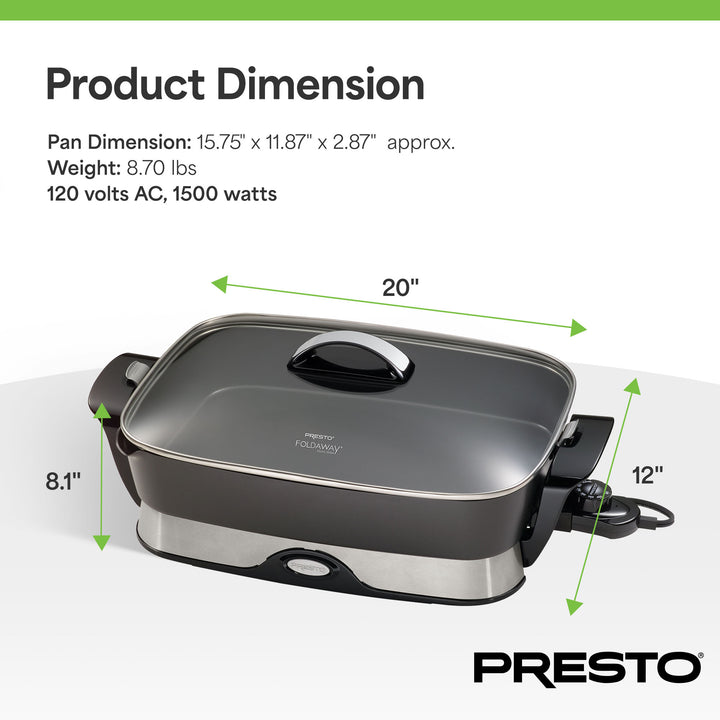 Presto Electric Foldaway Nonstick Skillet with Tempered Glass Lid, 16", Black