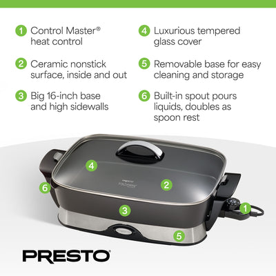 Presto Electric Nonstick Skillet with Tempered Glass Lid, 16", Black (Open Box)
