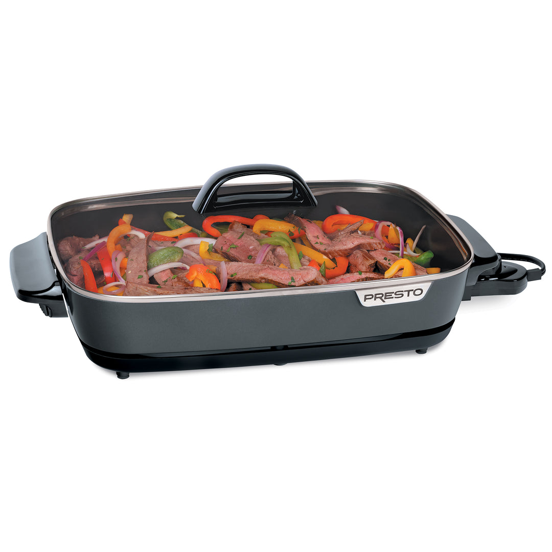 Presto Slimline Nonstick Electric Skillet with Tempered Glass Lid, 16", Black