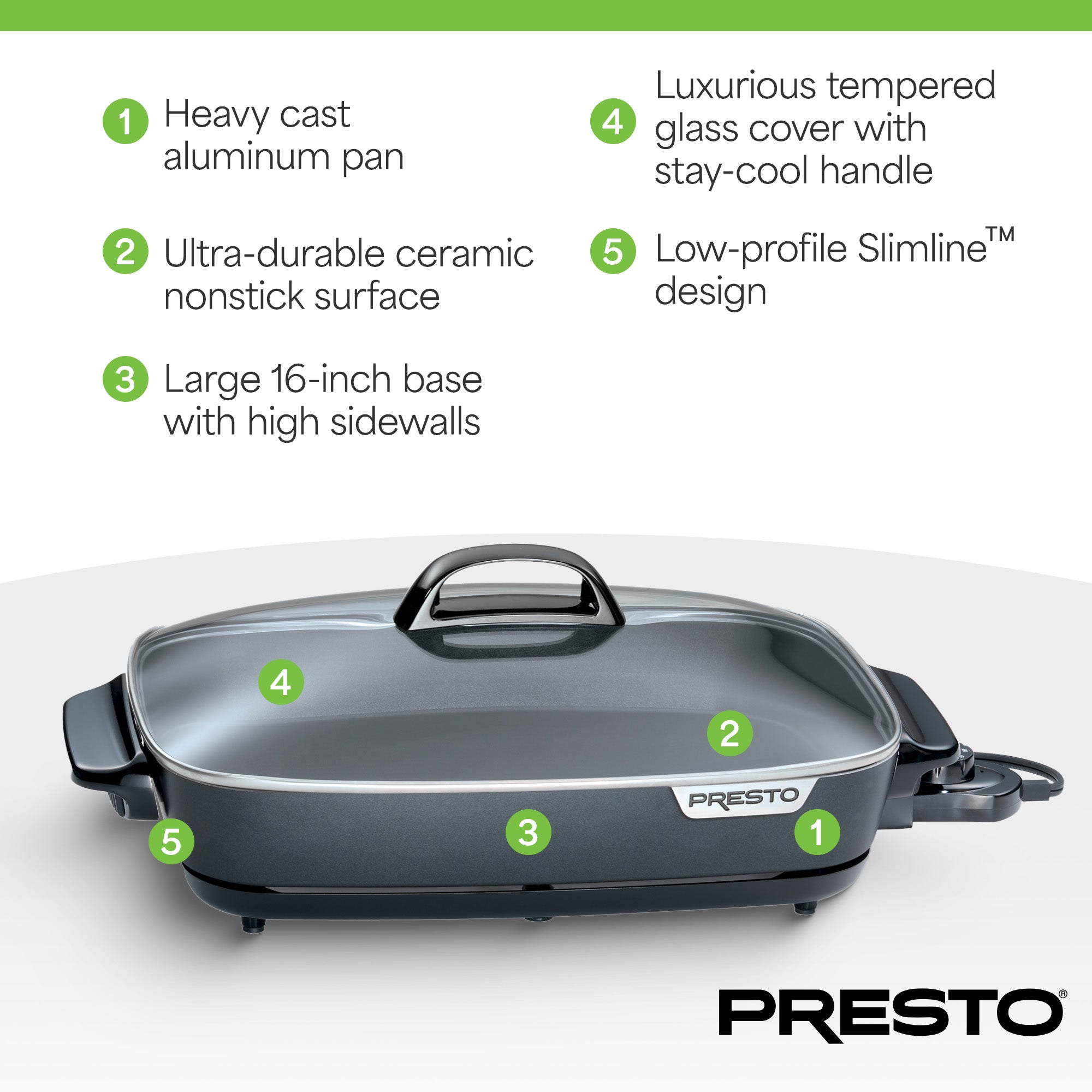 Presto Slimline Nonstick Electric Skillet with Tempered Glass Lid, 16"(Open Box) - VMInnovations
