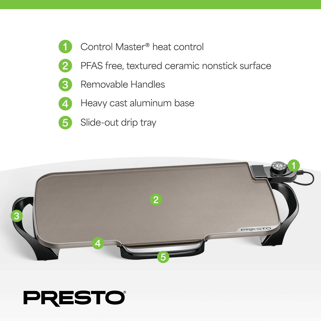 Presto 22in. Electric Griddle with Removable Handles & Ceramic Nonstick Surface