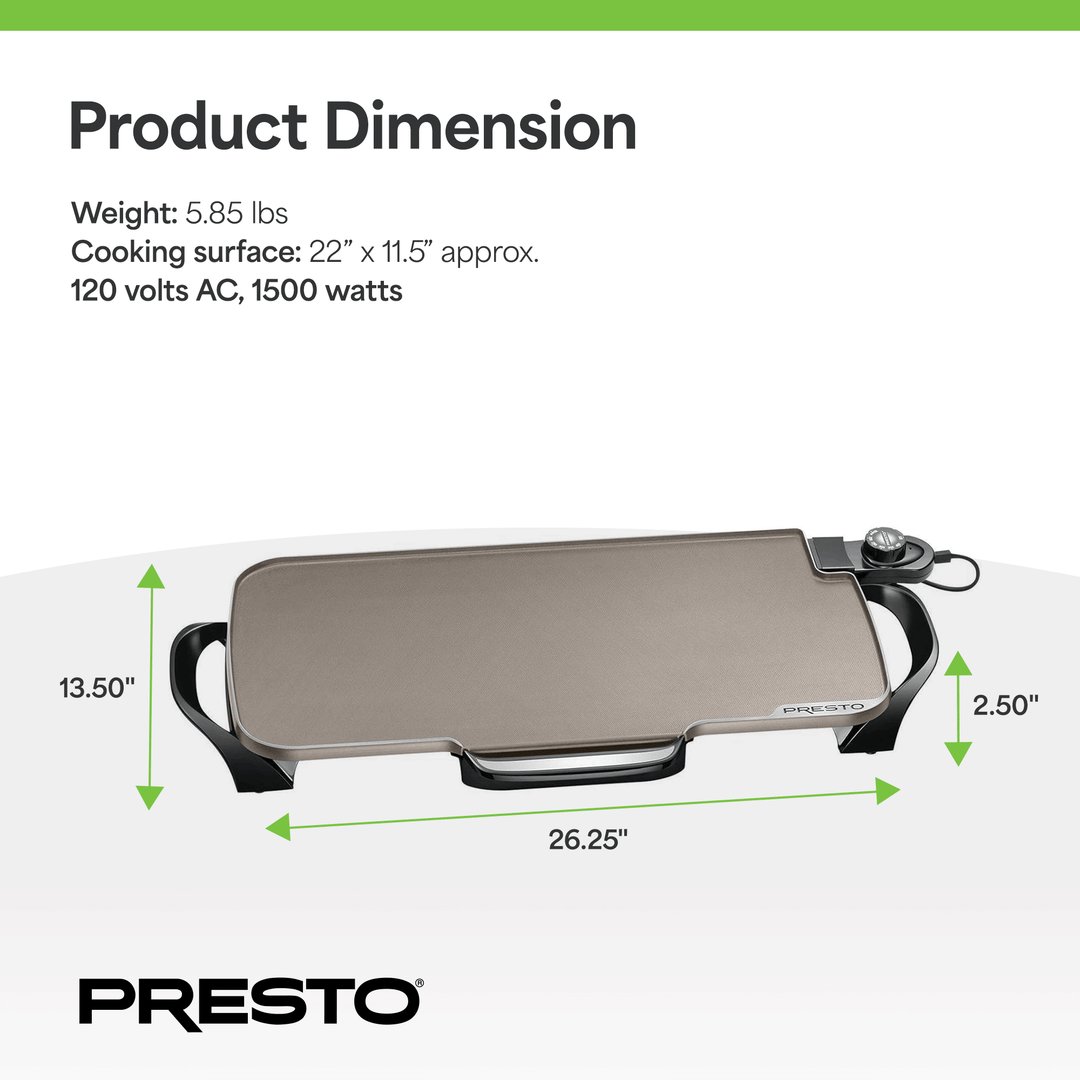 Presto 22in. Electric Griddle with Removable Handles & Ceramic Nonstick Surface