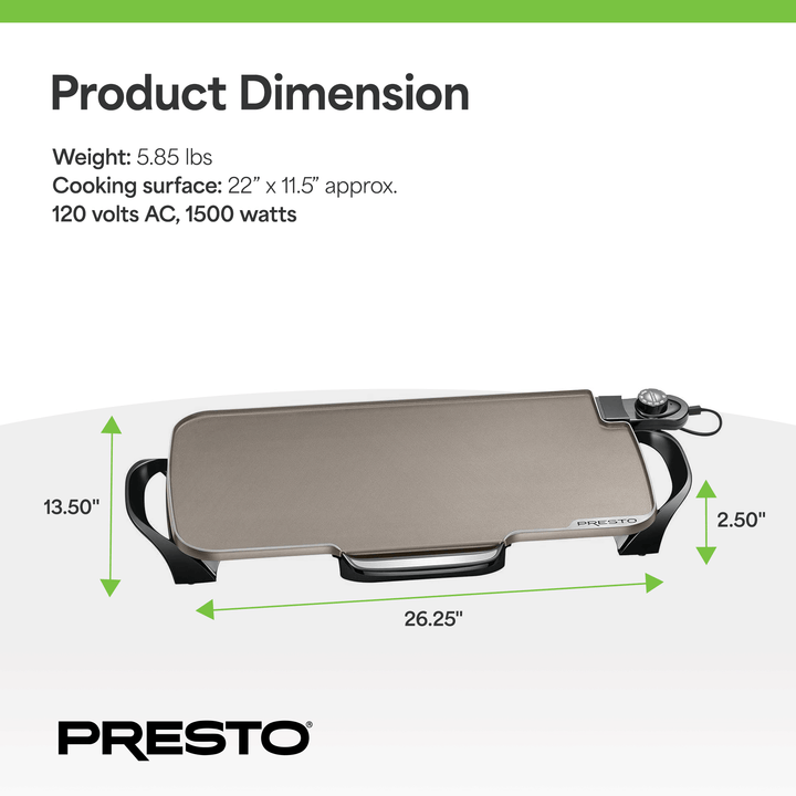 Presto 22in. Electric Griddle with Removable Handles & Ceramic Nonstick Surface