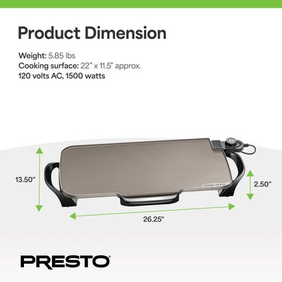 Presto 22" Electric Griddle with Removable Handles & Ceramic Nonstick (Open Box) - VMInnovations