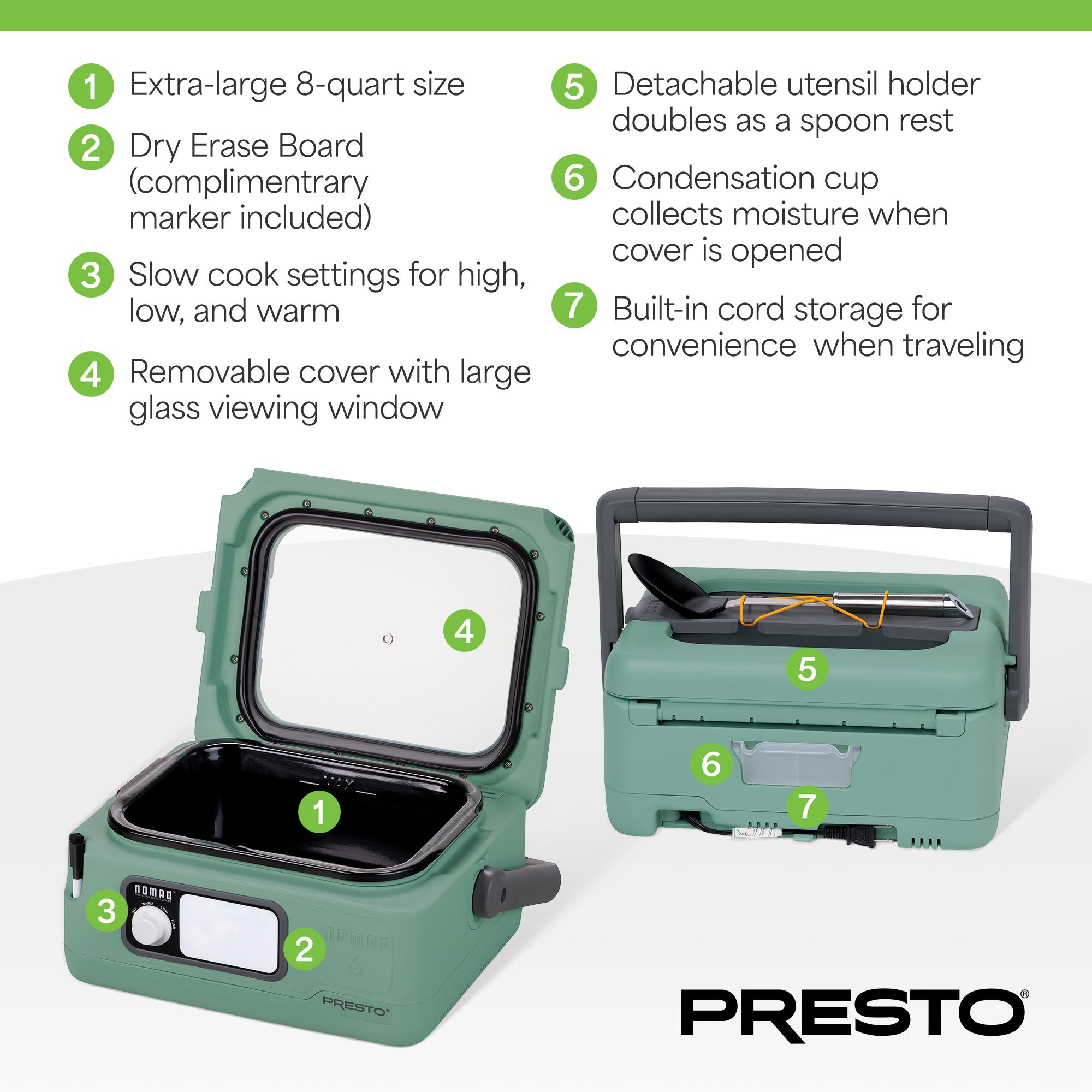 Presto 6 Qt Nomad Portable Electric Slow Cooker w/Locking Lid, Green (Open Box)