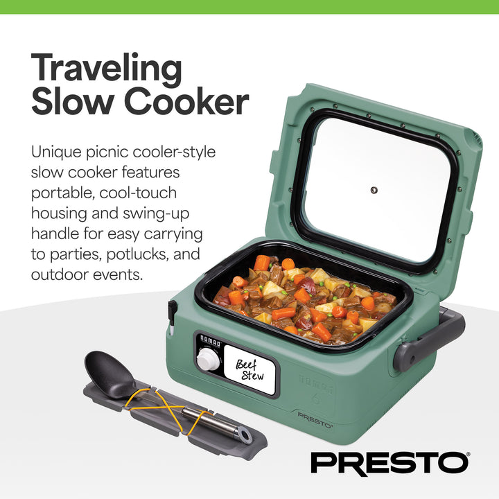 Presto 6 Qt Nomad Portable Electric Slow Cooker w/Locking Lid, Green (Open Box)