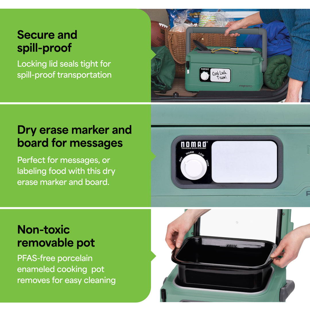 Presto 6 Qt Nomad Portable Electric Slow Cooker w/Locking Lid, Green (Open Box)