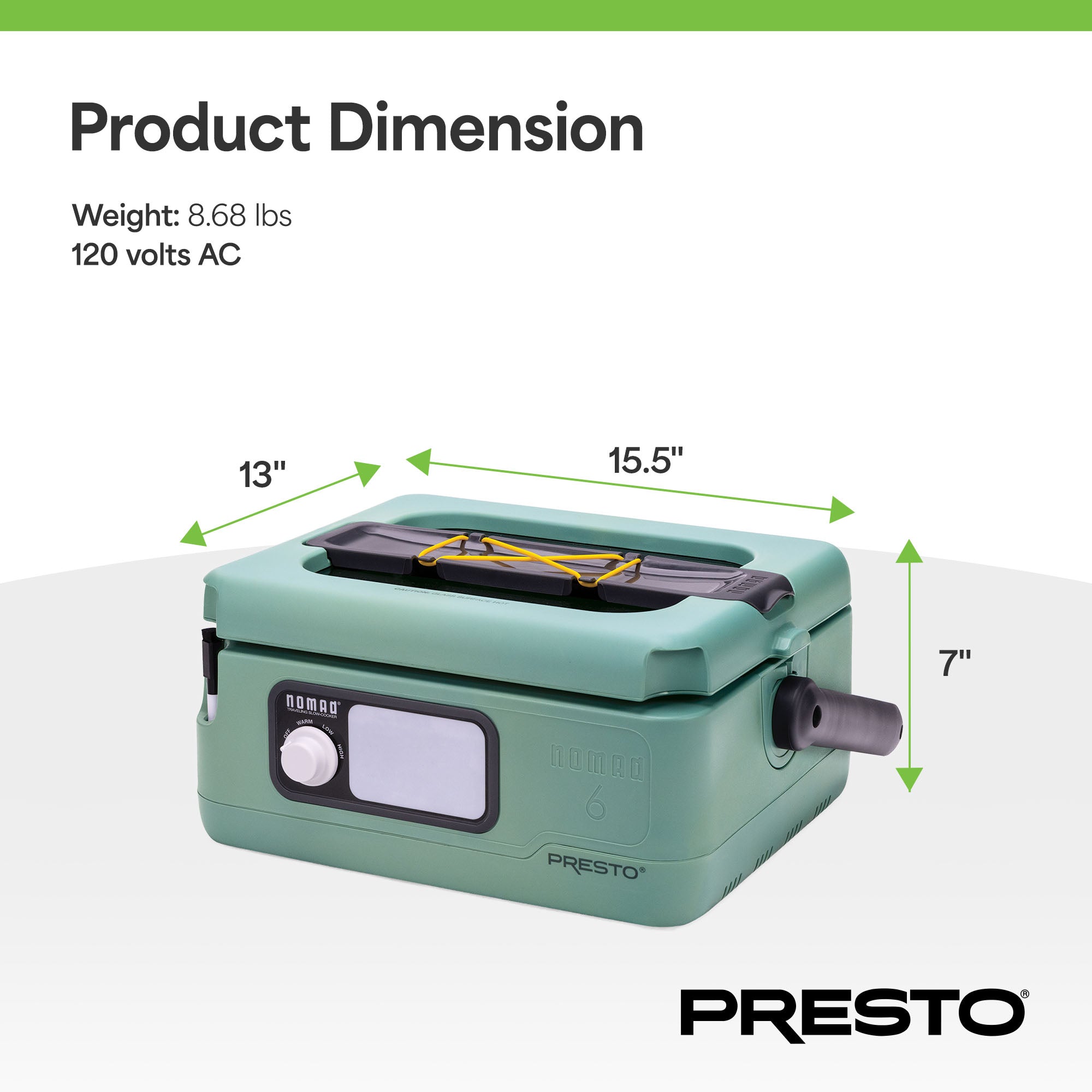 Presto 6 Qt Nomad Portable Electric Slow Cooker w/Locking Lid, Green (Open Box)