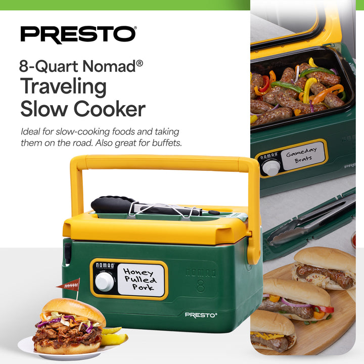 Presto 06019 8 Qt Nomad Portable Electric Slow Cooker, Locking Lid, Green/Gold