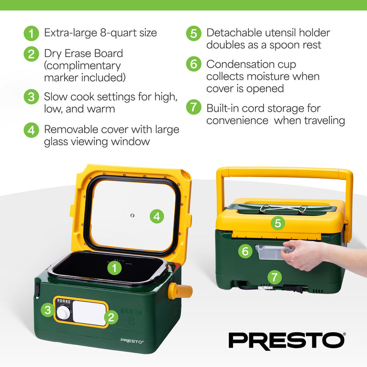 Presto 06019 8 Qt Nomad Portable Electric Slow Cooker, Locking Lid, Green/Gold