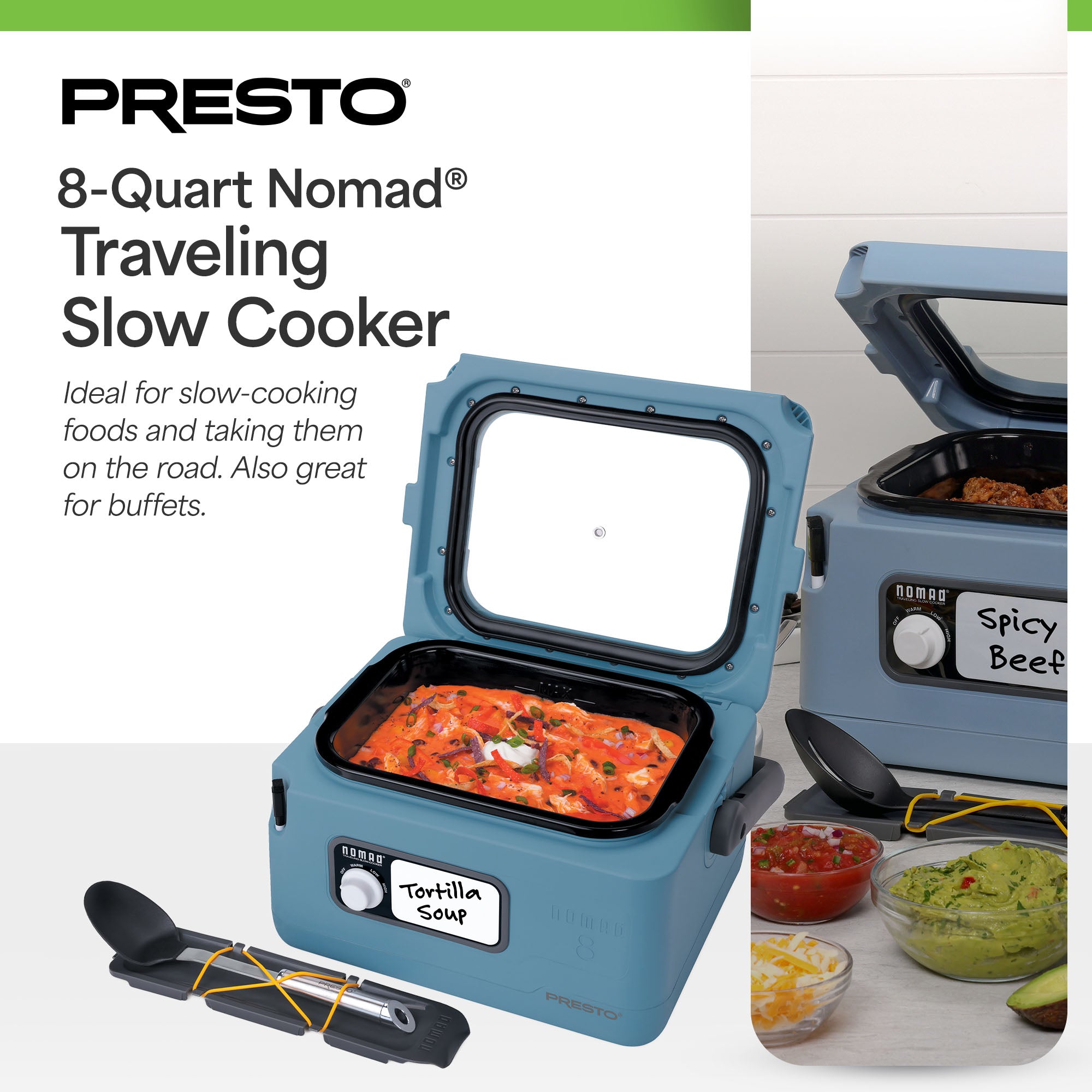 Presto 06017 8 Quart Nomad Portable Electric Slow Cooker with Locking Lid, Blue - VMInnovations