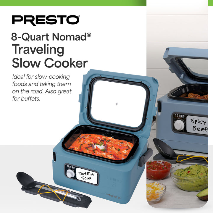 Presto 06017 8 Quart Nomad Portable Electric Slow Cooker with Locking Lid, Blue