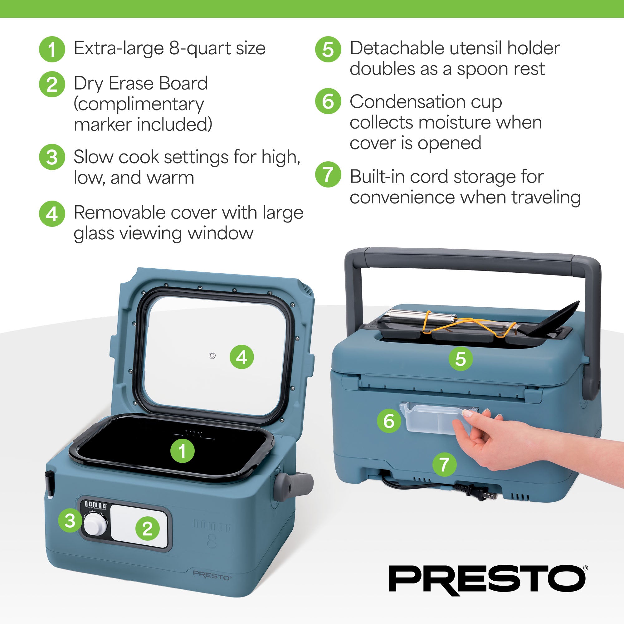 Presto 06017 8 Quart Nomad Portable Electric Slow Cooker with Locking Lid, Blue - VMInnovations
