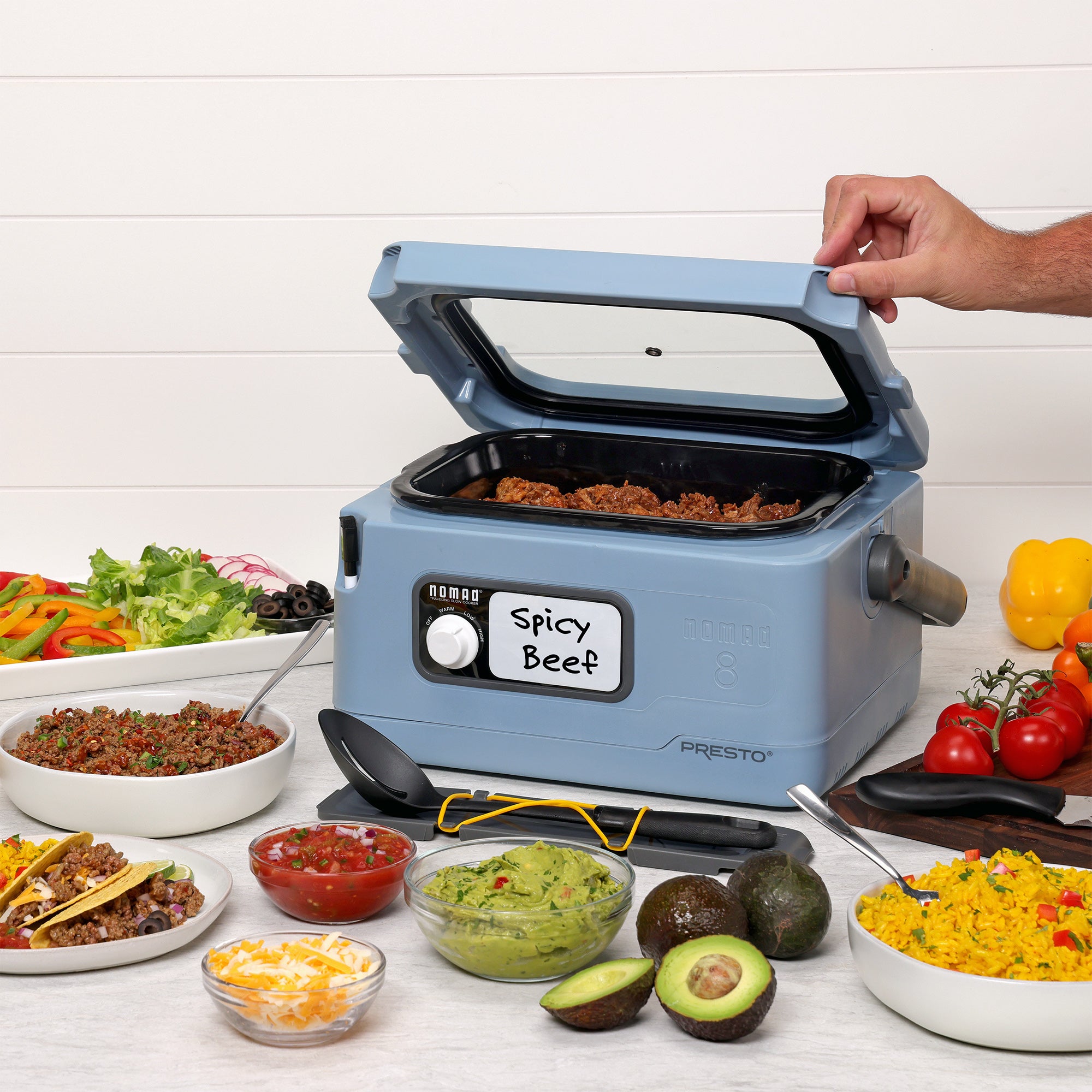 Presto 06017 8 Quart Nomad Portable Electric Slow Cooker with Locking Lid, Blue - VMInnovations