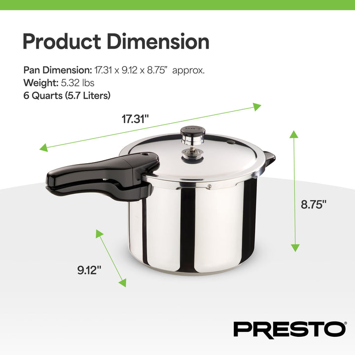 Presto 01362 6 Quart Stainless Steel Pressure Cooker, Tri Clad Base, Silver