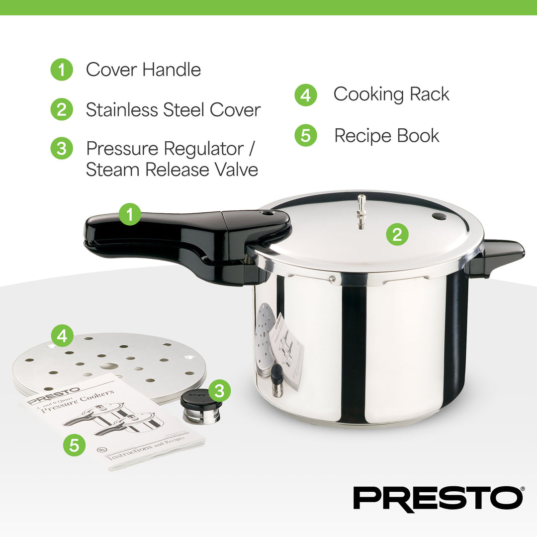 Presto 01362 6 Quart Stainless Steel Pressure Cooker, Tri Clad Base, Silver