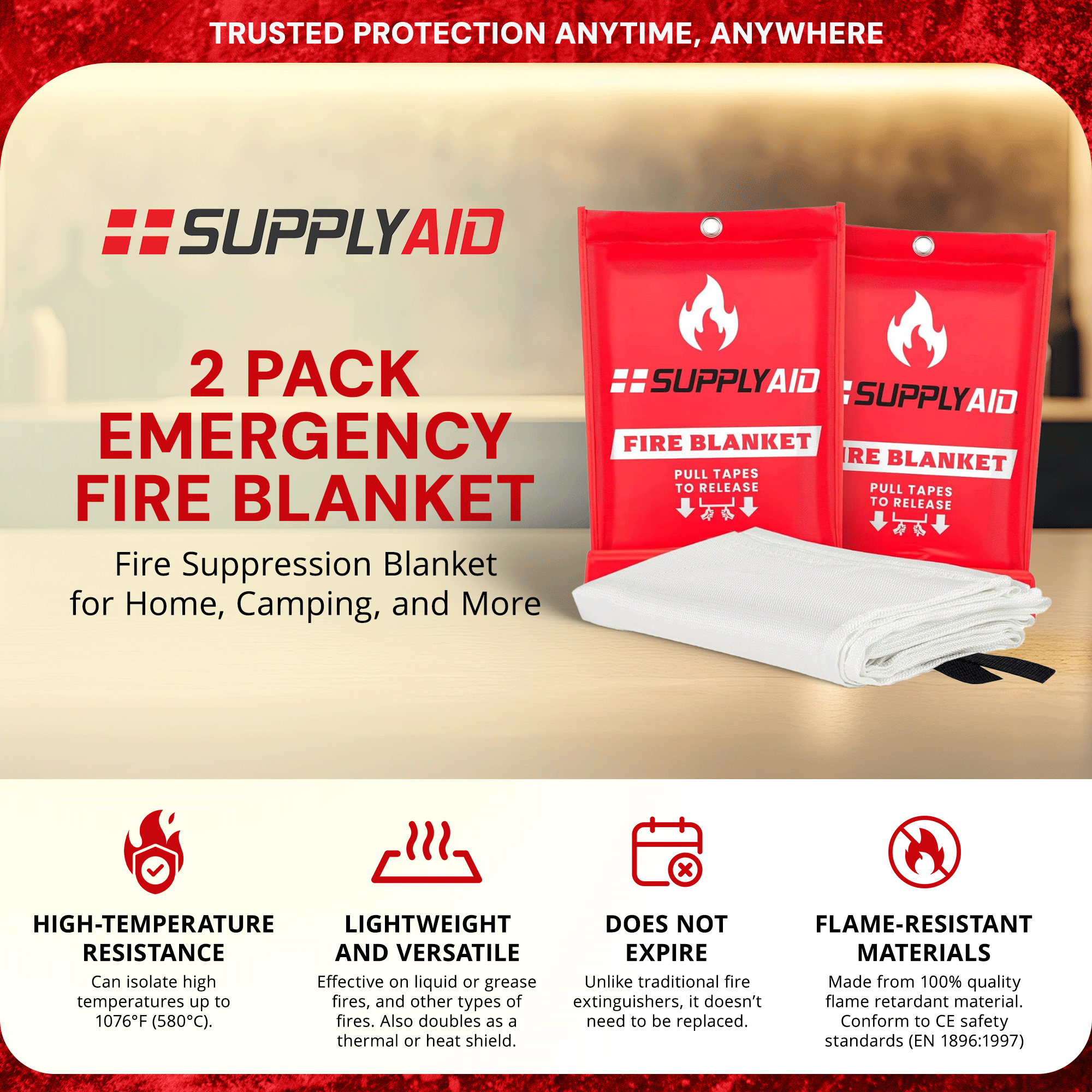 SupplyAID 6 Pack Emergency Fire Blanket for Camping and Safety Supplies, White