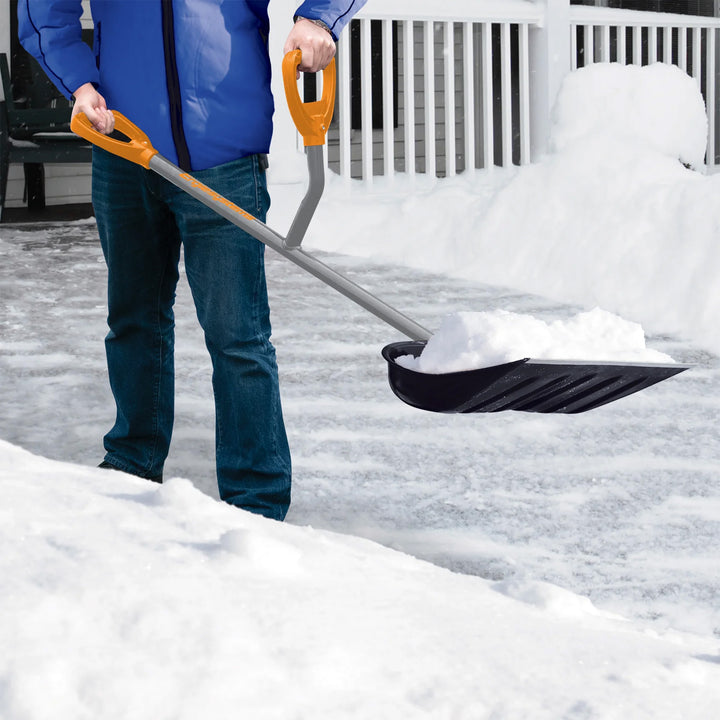 ErgieShovel 18” Steel Snow Shovel, 34.5” Shaft, Push Scoop Combination, Orange