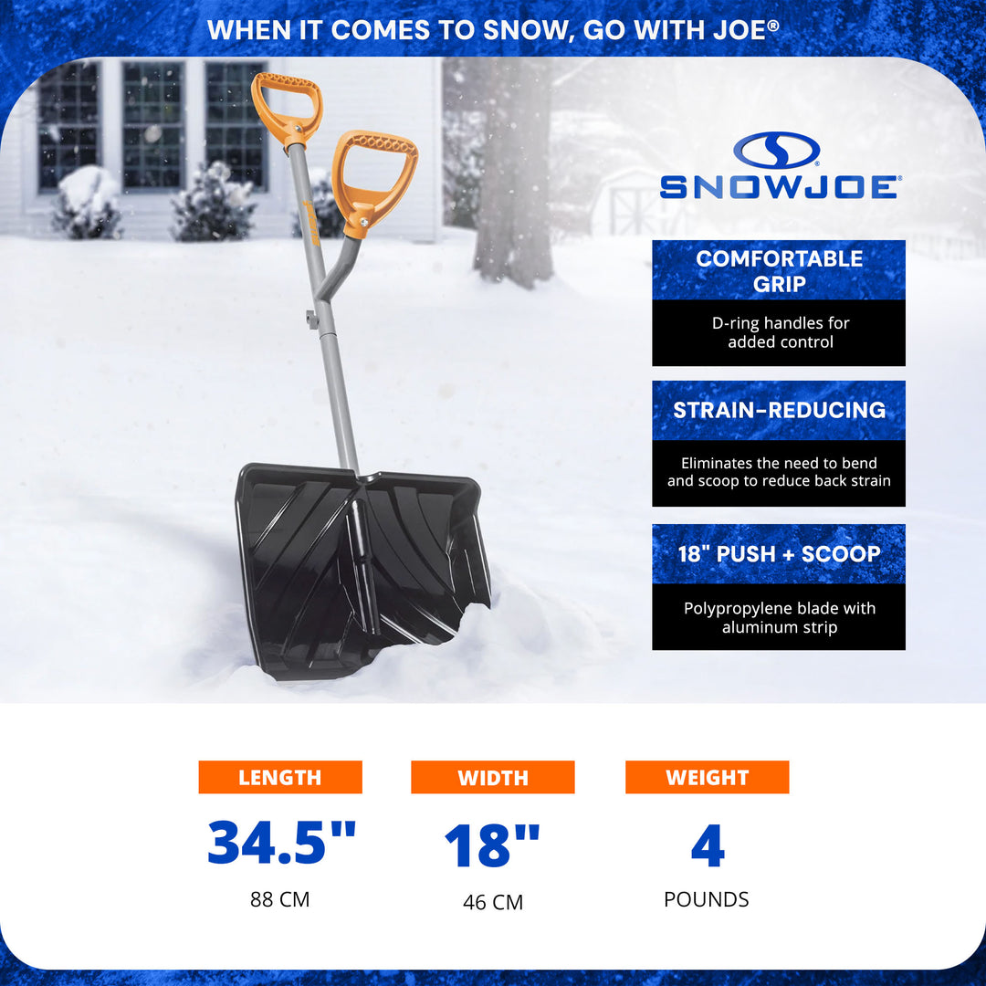 ErgieShovel 18” Steel Snow Shovel, 34.5” Shaft, Push Scoop Combination, Orange