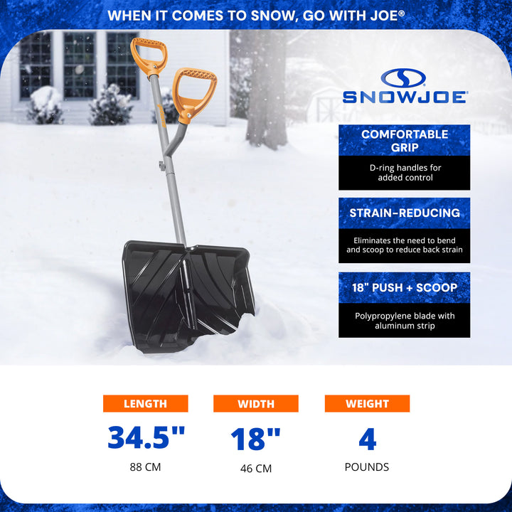 ErgieShovel 18” Steel Snow Shovel, 34.5” Shaft, Push Scoop, Orange (Open Box) - VMInnovations