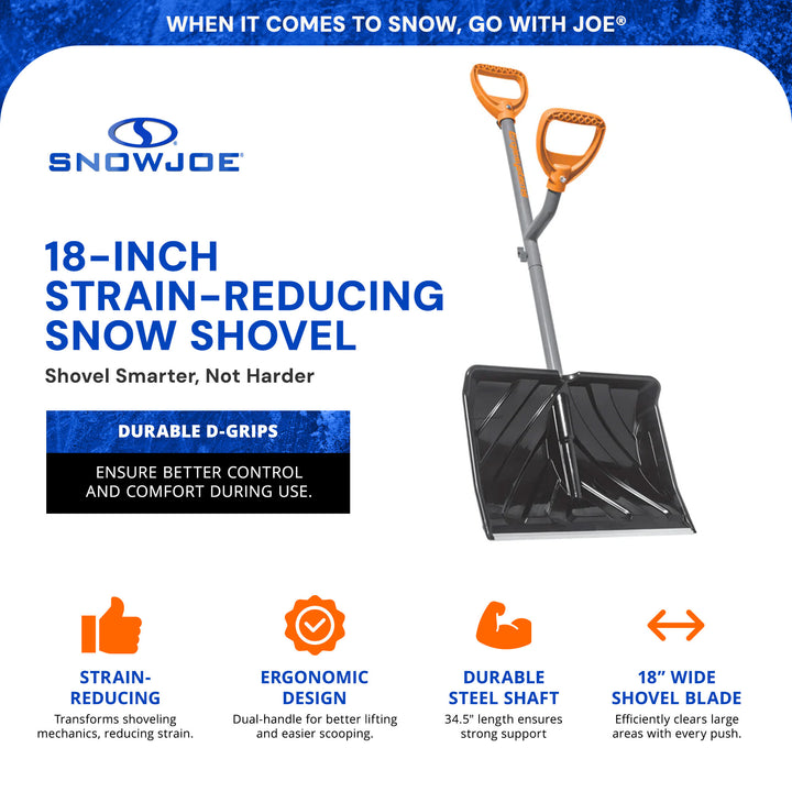 ErgieShovel 18” Steel Snow Shovel, 34.5” Shaft, Push Scoop Combination, Orange