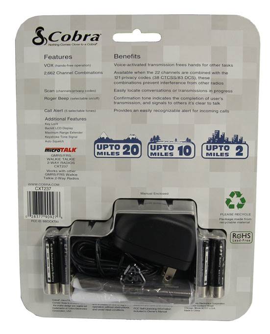 2 COBRA CXT237 MicroTalk 20 Mile FRS/GMRS 22 Channel Walkie Talkie 2-Way Radios