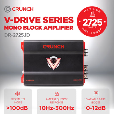 Crunch 2725W Mono block Subwoofer Car Audio Amp, Adjustable Crossover, Bass Knob - VMInnovations